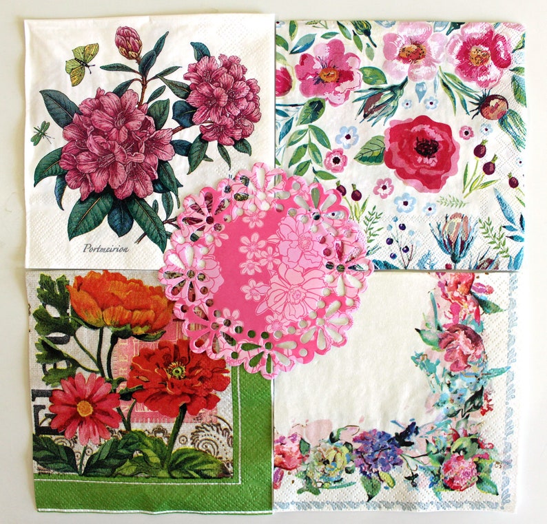 Decoupage Paper Napkins*Pink Botanical Mixed Media*Set of 8 Napkins