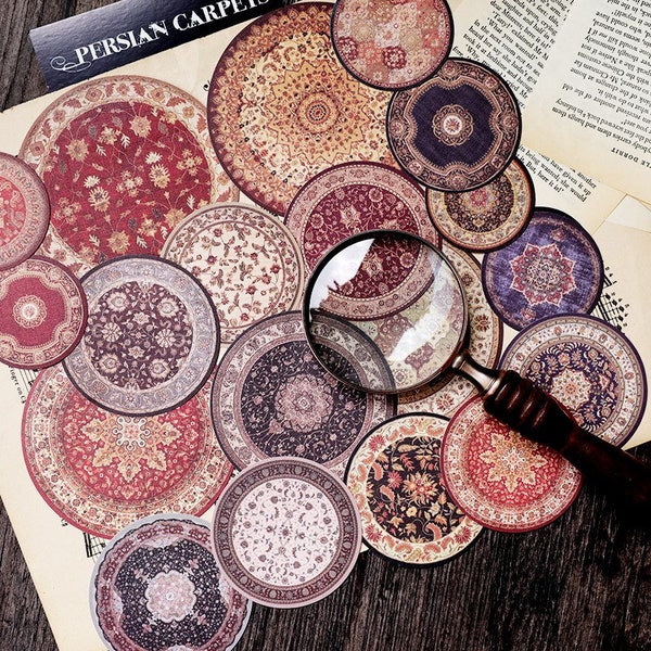 Persian Carpets*20 Pcs Round Geometric Stickers*Red and Purple Persian Carpet Sticker Lot*Journal Scrapbook Card Collage Supply