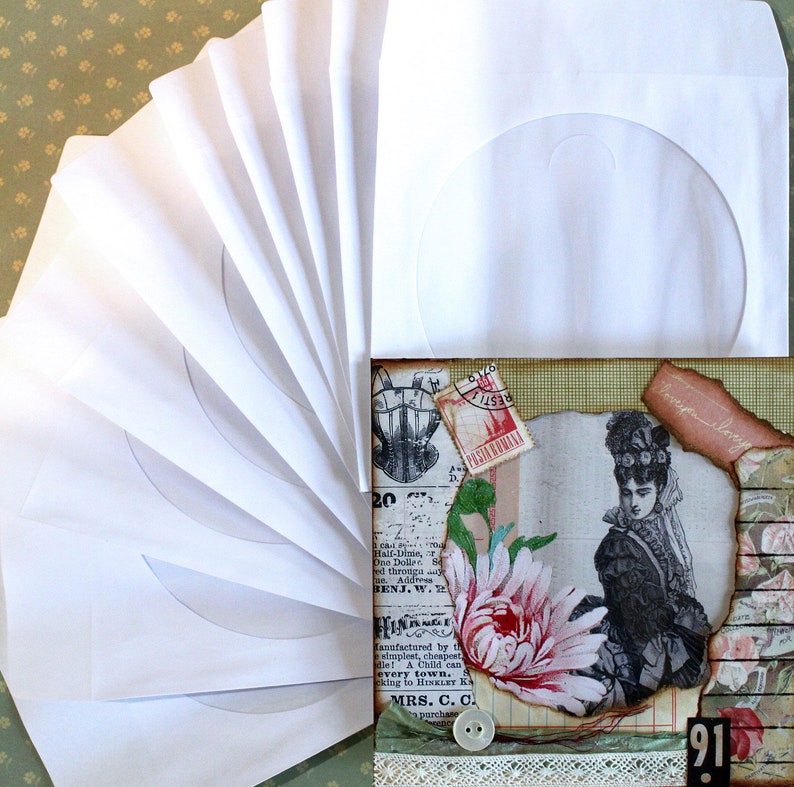 CD Sleeves*White Window Envelopes*5x5 Envelope with flap and Tuck*Set of 10 CD Sleeves*Junk Journal Storing Scrapbook