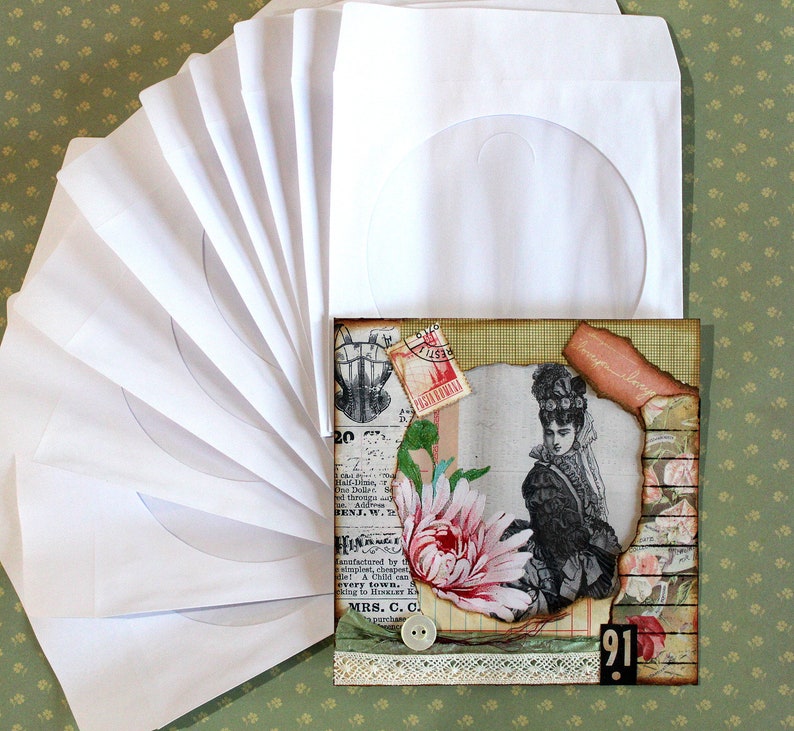 CD Sleeves*White Window Envelopes*5x5 Envelope with flap and Tuck*Set of 10 CD Sleeves*Junk Journal Storing Scrapbook