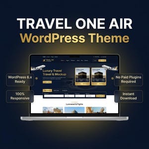 May include: A laptop screen displaying the Travel One Air WordPress theme, featuring a dark blue and gold interface with flight booking options, travel imagery, and text labels including WordPress 6.x Ready and 100% Responsive.