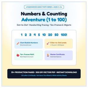 Puede incluir: Hoja de actividades educativas titulada Numbers & Counting Adventure (1 to 100) para edades de 3 a 8 años. Incluye números de burbuja, 5 niveles de puntos, marcos de diez y un certificado. Contiene más de 35 páginas en PDF vectorial.