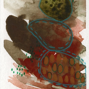 May include: Abstract watercolor painting with brown, green, and blue colors. The painting features a series of overlapping circles and ovals with a speckled pattern.