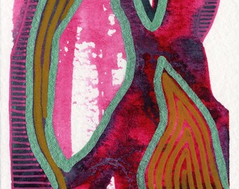 ACEO Original Abstract Mixed Media Painting on Paper 2.5"x3.5" Magenta, Turquoise, Green