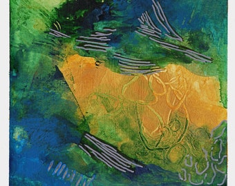 Original Contemporary Abstract Mixed Media Painting on Paper 6"x6" Blue, Green, Gold w91x