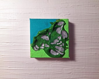 Mini Mixed Media Painting on Tiny Canvas 2"x2" Teal, Green, Silver b6fj