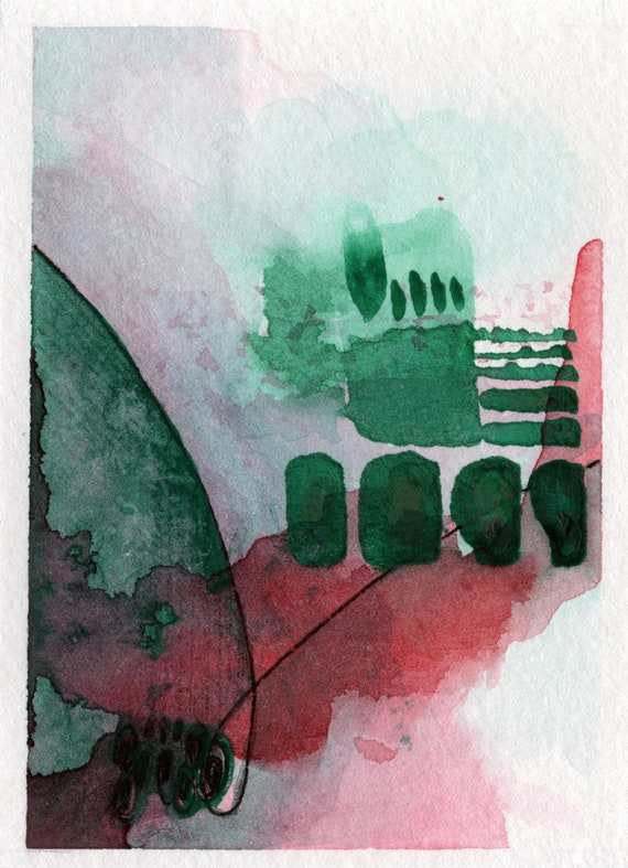 Blue Unframed ACEO Original Abstract Watercolor Painting on Paper 2.5x3.5 Dark Red Red