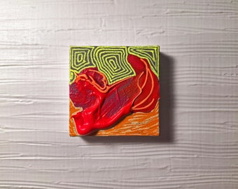 Mini Mixed Media Painting on Tiny Canvas 2"x2" Orange, Neon Pink, Neon Yellow a0f5