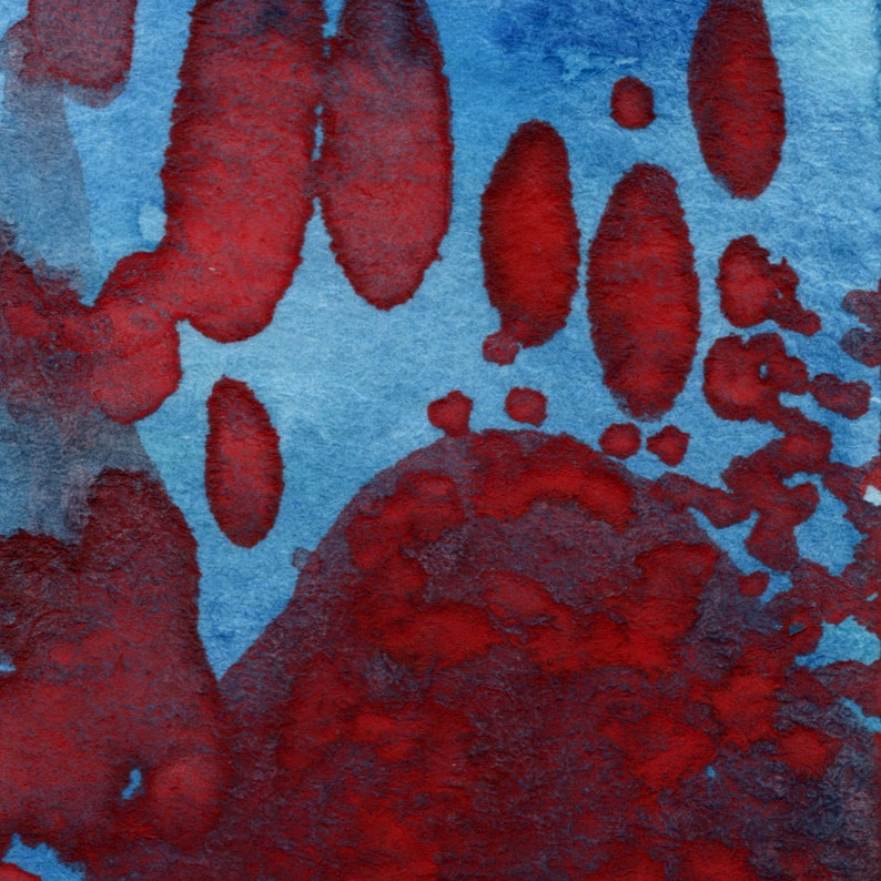 Blue Unframed ACEO Original Abstract Watercolor Painting on Paper 2.5x3.5 Dark Red Red