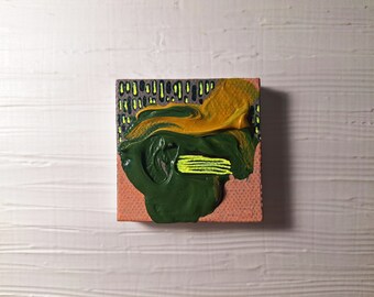 Mini Mixed Media Painting on Tiny Canvas 2"x2" Green, Yellow Ochre, Peach s18b