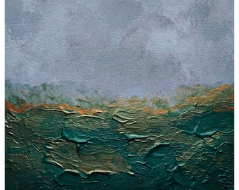Ocean Abstract Acrylic Painting on Paper 12"x12" Hooker's Green, Copper, Grey