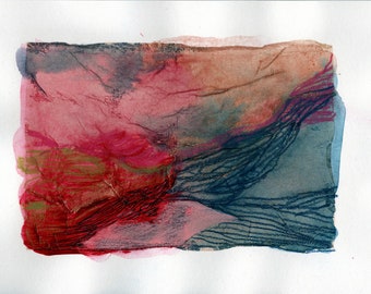 Dreamy Landscape Tea Bag Mixed Media Painting on Paper 5.5"x8.5" | Magenta, Blue, Pink tba7