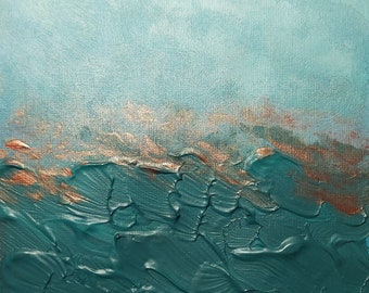 Ocean Abstract Acrylic Painting on Paper 6"x6" Teal, Green, Copper