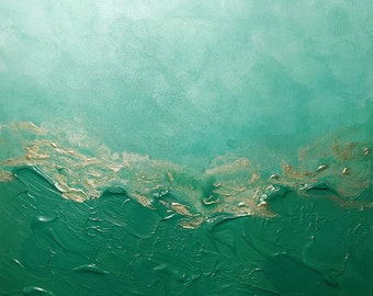 Ocean Abstract Acrylic Painting on Paper 12"x12" Green, Dark Green, Gold