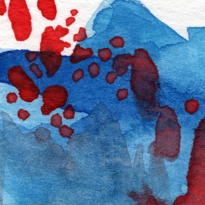 Blue Unframed ACEO Original Abstract Watercolor Painting on Paper 2.5x3.5 Dark Red Red