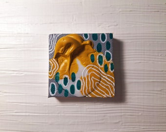 Mini Mixed Media Painting on Tiny Canvas 2"x2" Yellow Ochre, Green, White f0pd