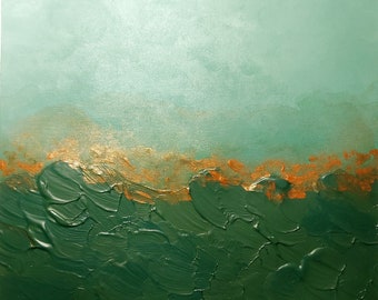 Ocean Abstract Acrylic Painting on Paper 12"x12" Green, Sap Green, Copper