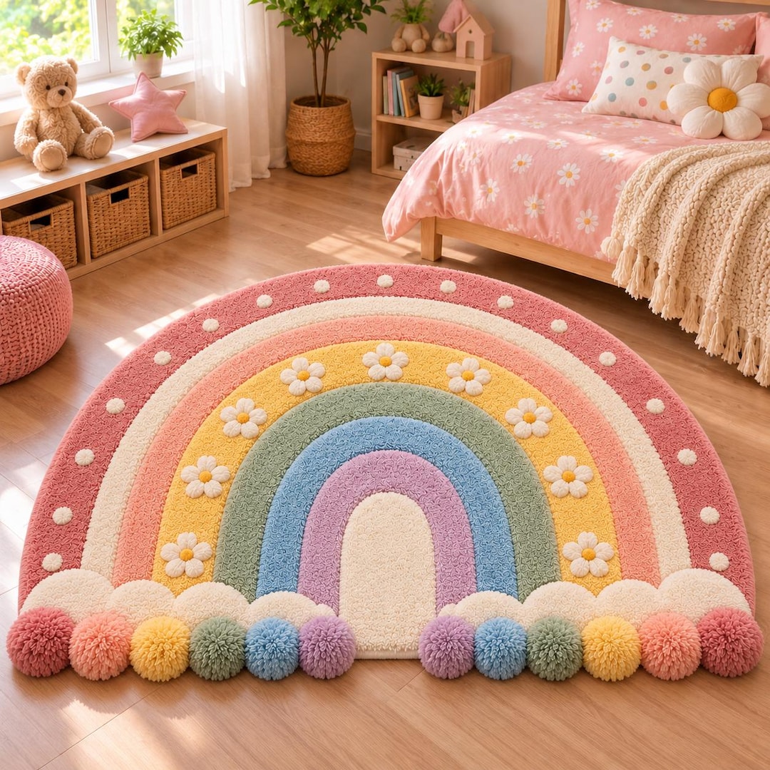 Pom Swatch Rug Pastel Rainbow Rug With Pom-pom Edge, Daisy Flowers, Nursery Playroom ...