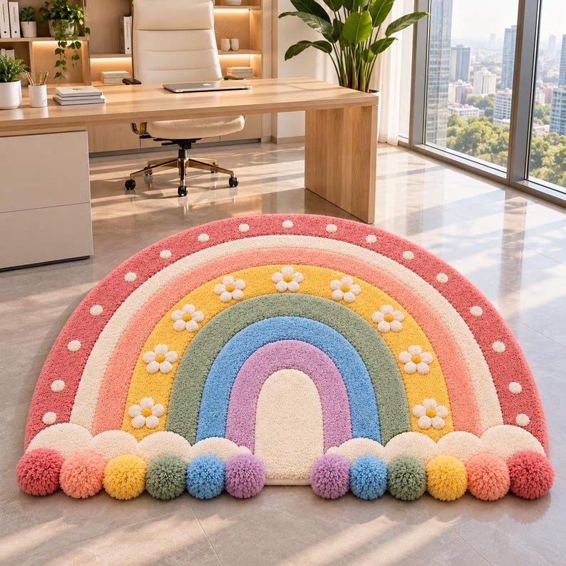 Pom Swatch Rug Pastel Rainbow Rug With Pom-pom Edge, Daisy Flowers, Nursery Playroom ...