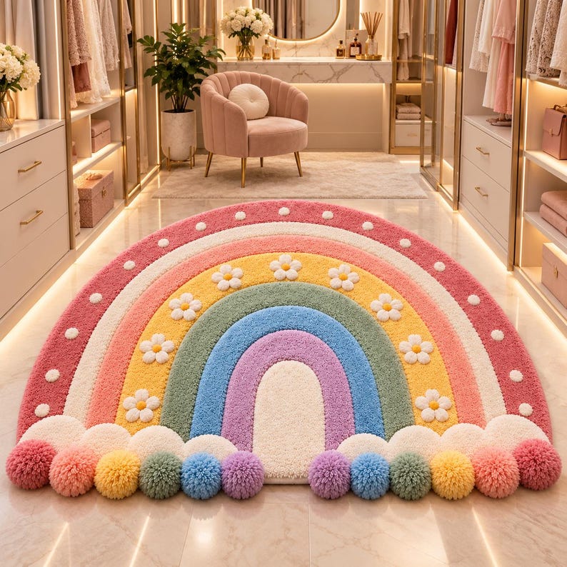 Pom Swatch Rug Pastel Rainbow Rug With Pom-pom Edge, Daisy Flowers, Nursery Playroom ...