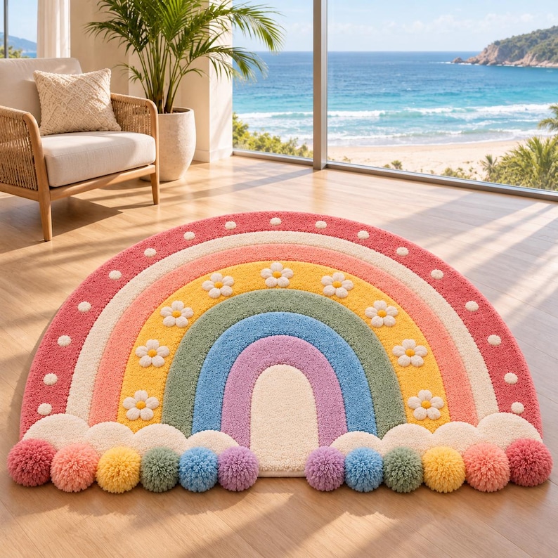 Pom Swatch Rug Pastel Rainbow Rug With Pom-pom Edge, Daisy Flowers, Nursery Playroom ...