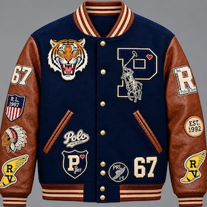 Men's Polo Style Varsity Jacket Leather Sleeve Letterman Patchwork Baseball Coat