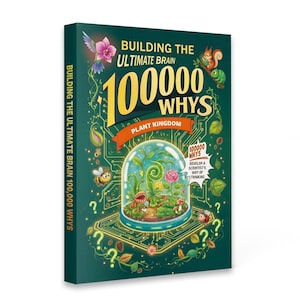 Op de afbeelding: Een donkergroen boek getiteld Building the Ultimate Brain 100,000 Whys Plant Kingdom. De kaft toont een glazen koepel met diverse planten, een bij, een eekhoorn en patronen van printplaten met gele vraagtekens.