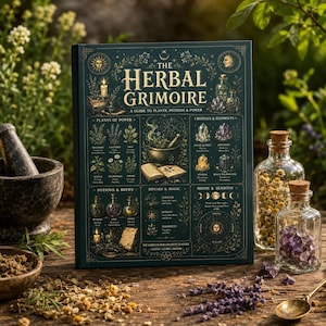 May include: A dark green hardcover book titled The Herbal Grimoire: A Guide to Plants, Potions & Power. The cover features gold illustrations of herbs, crystals, a mortar and pestle, moon phases, and text detailing plants, rituals, and magic.