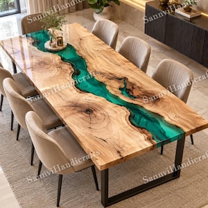 Custom Emerald Green Epoxy Resin River Dining Table, Live Edge Walnut Wood Top