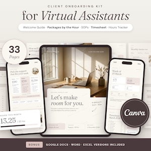 Virtual Assistant Client Onboarding Kit, VA Welcome Packet, Pricing Guide, SOP Template, Canva