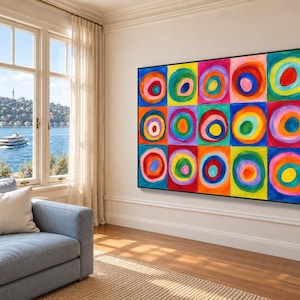 Vibrant Color Circles Canvas Wall Art, Abstract Geometric Squares, Modern Home Decoration, Bold Contemporary Design