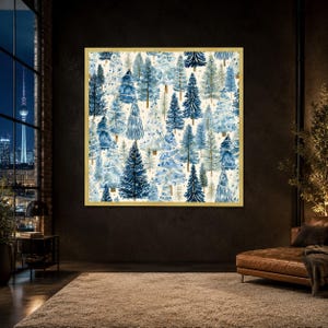Könnte beinhalten: Ein quadratischer Wandkunstdruck in einem goldenen Rahmen mit einem sich wiederholenden Muster aus Aquarell-Tannenbäumen in verschiedenen Blau-, Hellblau- und Weißtönen auf cremefarbenem Hintergrund mit kleinen goldenen Sternen.