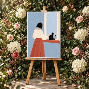 Woman with Black Cat by Window Canvas Wall Art, Minimalist Home Decor, Cozy Scene Canvas, Contemporary Figure Art, Wall Decoration
