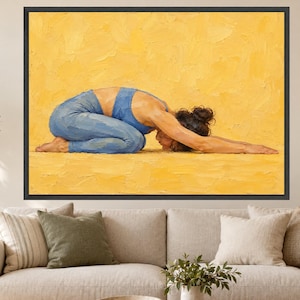 Relaxing Yoga Pose Canvas Wall Art, Woman Stretching on Yellow Background, Wellness Home Decor, Fitness Art Print, Calm Meditation Canvas