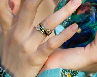 Bague fantaisie elfique en laiton Armstreet « Fleurs d'eau ; Renaissance médiévale ; SCA ; GN ; Bijoux d'inspiration historique Ren Fest Cosplay