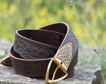 Ready to Ship; In Stock; Medieval Leather Belt with Etched Celtic Brass Accents;