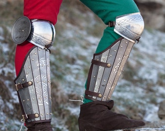 Armstreet Etched Steel Leg Armor with Knees; Splint Greaves; LARP; SCA; Cosplay; Medieval Historical Reenactment Warrior leg protection