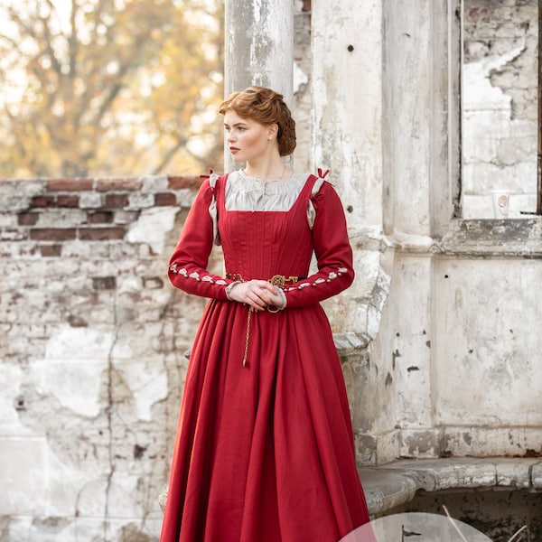 Armstreet Renaissance Linen Boned Corset Kirtle Dress “German Rose”; Medieval Dress; Medieval style gown;Renaissance European  Women Costume