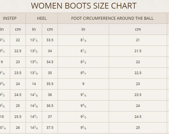 Footwear Size Chart, NOT FOR SALE