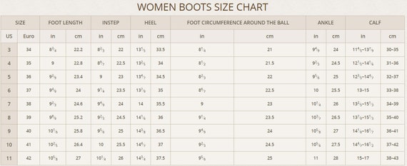 Etsy Size Chart