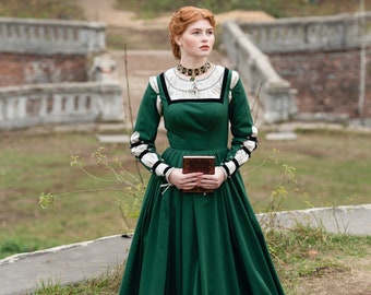 Armstreet Renaissance Cotton Dress with Velvet Accents “German Rose”; LARP; SCA; Cosplay; Medieval Historical Reenactment Noble Dress