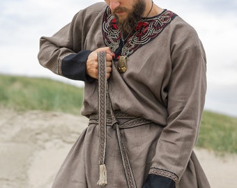 Armstreet viking flax linen tunic with embroidery: "Jarl Ingvar"; Medieval; LARP; SCA; Ren Fair; Cosplay Historical Reenactment clothes