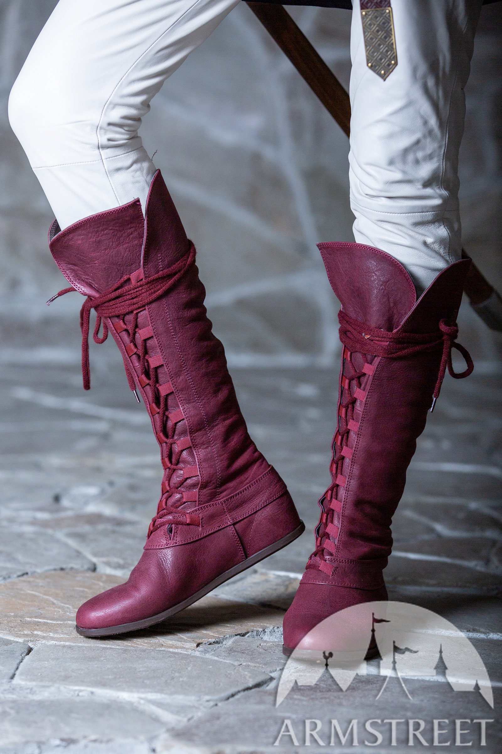 Knee-high medieval leather boots “Dark Wolf” for sale. Available in:  burgundy matte leather, matte black leather :: by medieval store ArmStreet