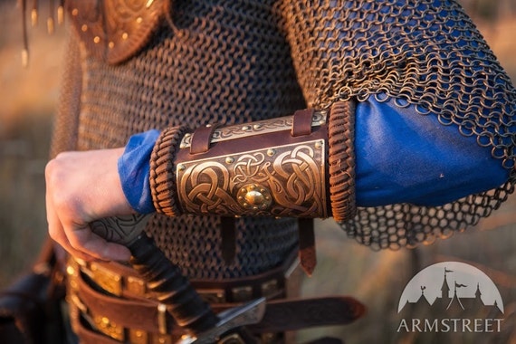 Viking Bracers With Etched Brass Accents gudrun the Wolfdottir