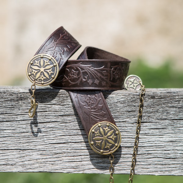 Armstreet  Embossed Leather Belt with Metal Accents "Secret Garden"; LARP; SCA; Ren Fest Cosplay; Medieval accessories; woman's belt