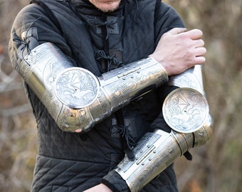Etched arms armor with removable rondel “Mythical Beasts”; Medieval Armor; Stainless steel armor with removable rondel