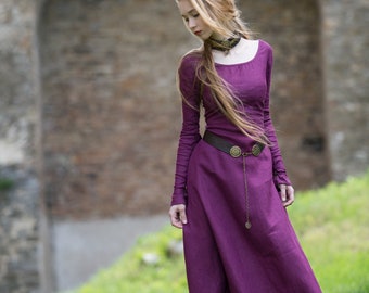 Medieval Long Linen VIOLET Dress Tunic "Red Elise"; RenaissanceHistorical design; LARP; SCA; Cosplay; Vintage fashion dress