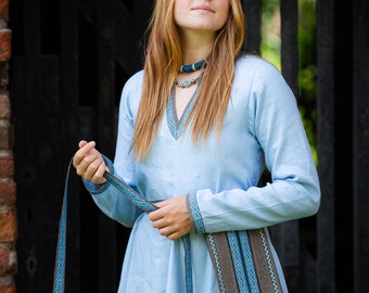 Armstreet Linen tunic with trim and contrasting bordering “Trea the Serene”; Natural Linen Dress; Viking; LARP dress; FIXED SIZE!