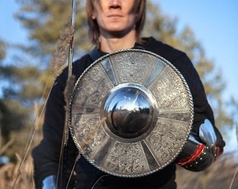 Armstreet Medieval Battle Escudo grabado de acero inoxidable; Escudo de escudo vikingo; Recreación Histórica; LARP; SCA; Armadura de combate guerrero