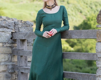 Armstreet; Medieval Long Linen Dress Tunic "Elise"; SCA; LARP dress; Historical outfit; Renaissance dress; GREEN color; Fixed sizes!